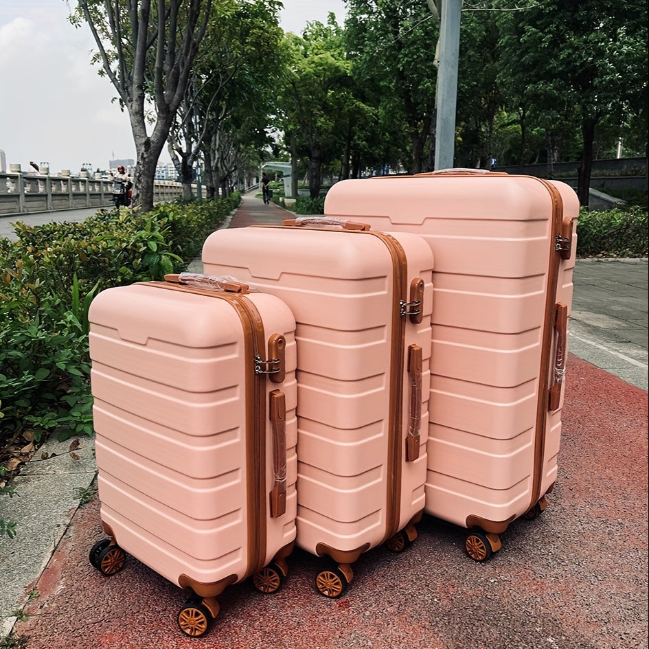 3-piece spinner luggage set with durable wheels, hard shell design, zipper closure, TSA lock, iron handle, ABS+PC body, and lightweight construction for women in sizes 50.8cm, 60.96cm, and