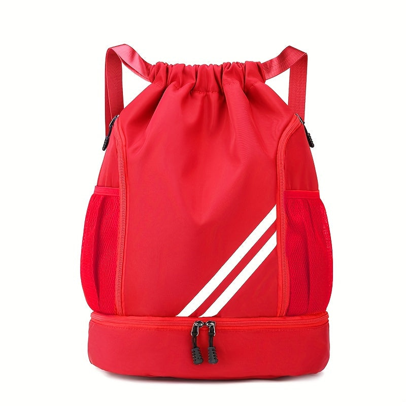 Polyester drawstring gym bag with practical pockets, perfect for basketball, outdoor activities, travel, swimming, hiking, and climbing.