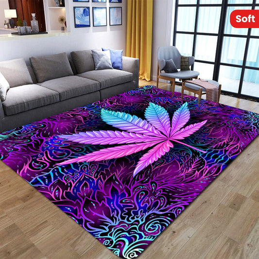 Purple background with leaf print living room carpet floor mat, featuring a flower leaf print design. Perfect for use as a carpet under the sofa or coffee table, creating a soft area in the home. Ideal for gothic bedroom decor, Halloween room decor, or