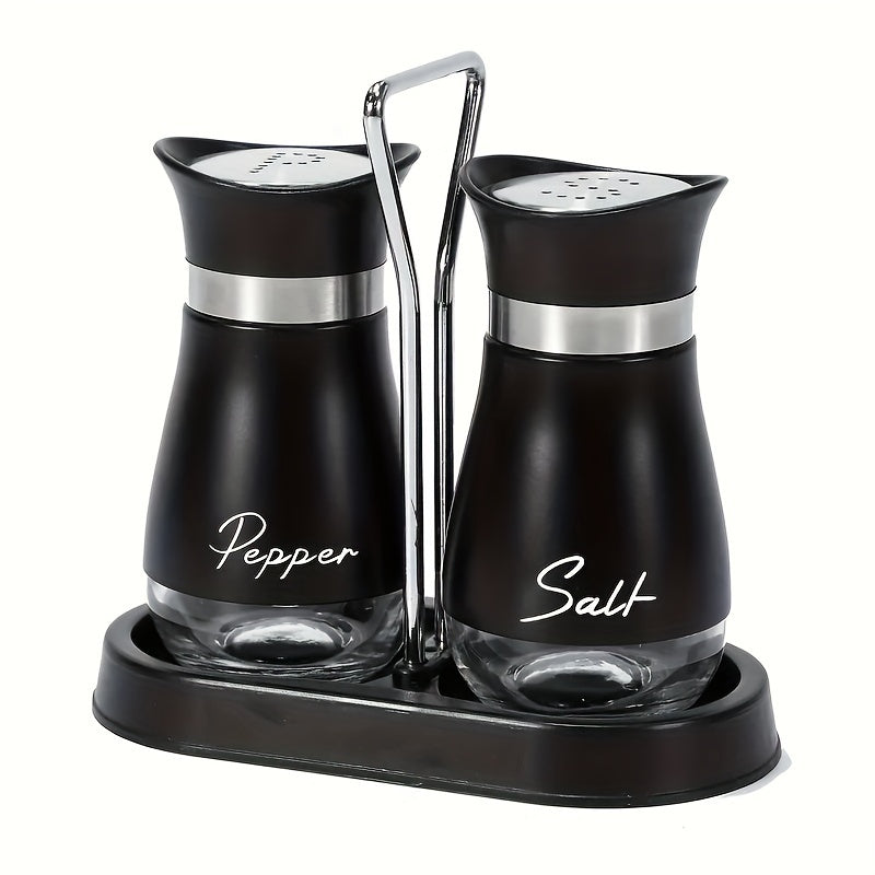 A set of salt and pepper bottle sets with 1 stand and 2 bottles. Glass bottom jars with stable stand, used for kitchen utensils, cooking tables, RVs, camping, barbecues, and seasoning.