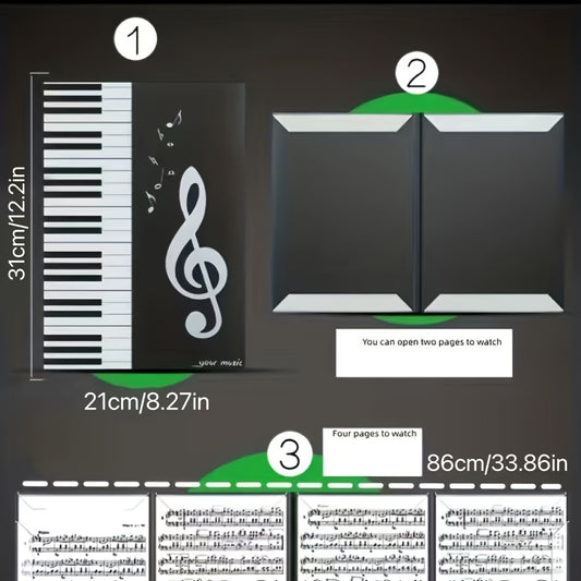 A4 size piano music sheet holder with trifold design and 6-page capacity, made of durable PP material in black and white. Perfect for musicians and performers to practice with.