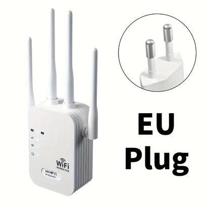 WiFi extender with 1200Mbps dual bands, strong signal penetration, supports up to 35 devices, 4 modes, easy setup, 360° coverage with ethernet port. Ideal for home, office, mall, coffee