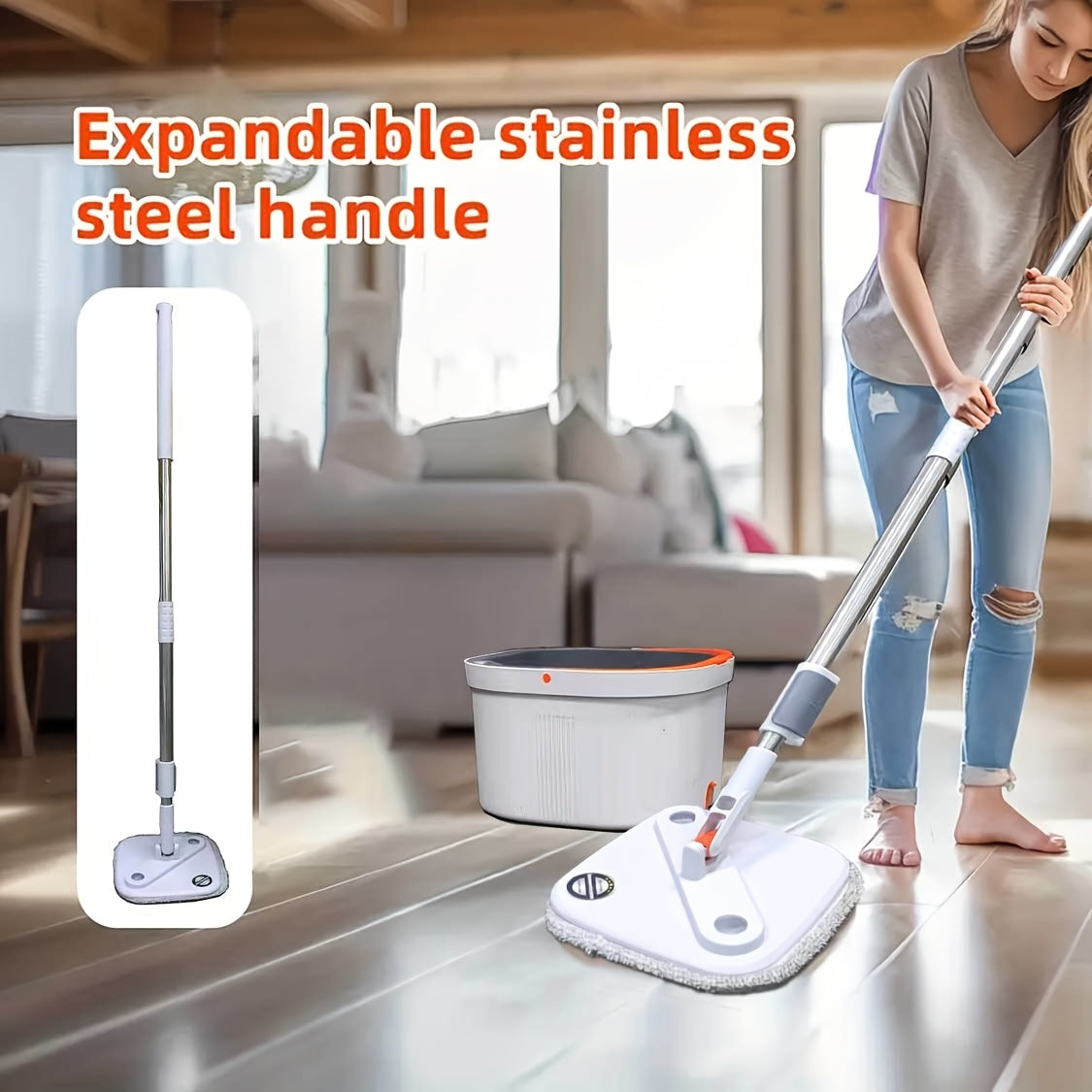 Grey Self-Cleaning Rotating Mop and Bucket Set with 360° Swivel Head for Hardwood, Tile, and Marble Floors - Dual-Use Wet and Dry Mop Kit, Self-Draining Dirty and Clean Water System - Ideal for Living Room, Bedroom, Bathroom, Toilet, and Kitchen.