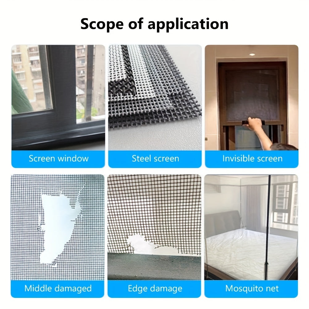 Repair patches for window screens consisting of 12 pieces. These patches are self-adhesive, cuttable, and suitable for repairing holes in screen doors or windows. Additionally, they can be used as mosquito repellents.