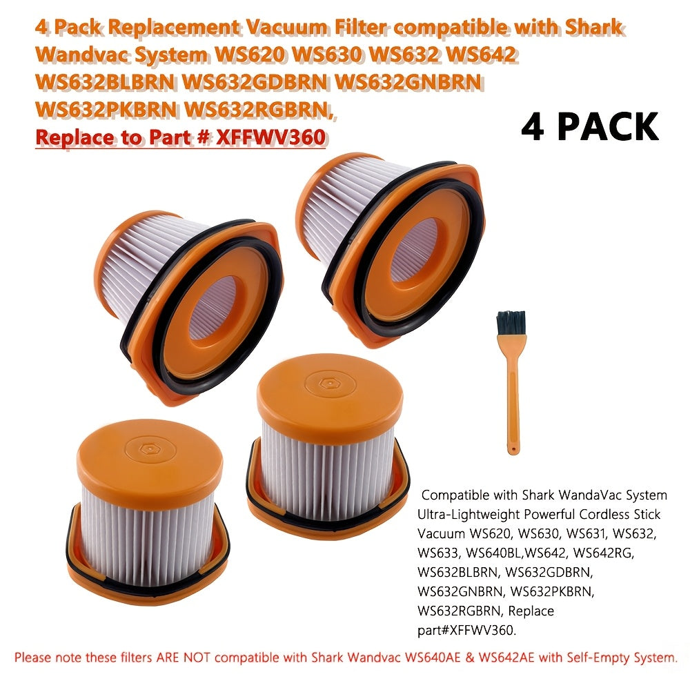 Replacement filters for Shark Wandvac System in a 4-pack, designed for use with WS620, WS630, WS632, WS642 models. Made of durable plastic and paper material with enhanced suction strength, Part # XFFWV360.