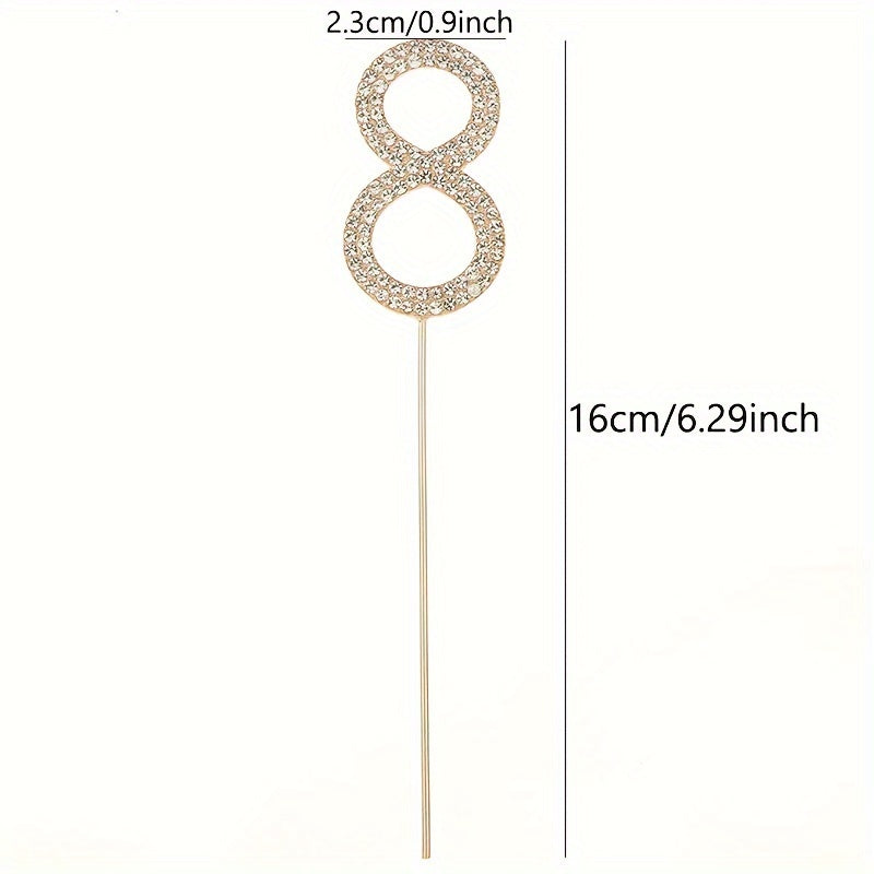 Rhinestone number cake topper in gold or silver, perfect for birthdays, showers, and weddings