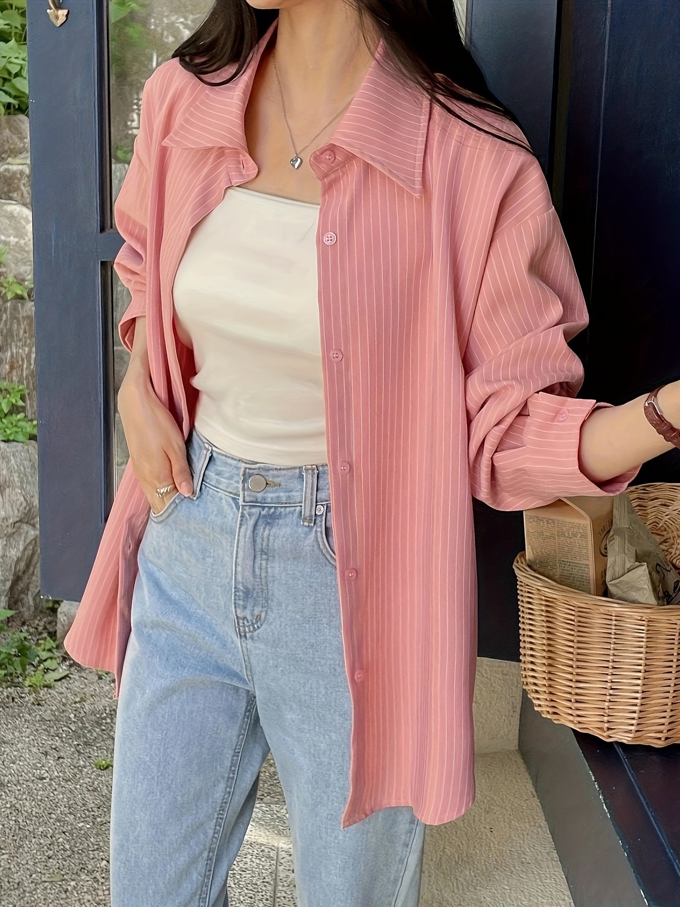 Women's light pink striped long sleeve button-up shirt in soft polyester fabric, with casual collar, machine washable for spring/summer/fall