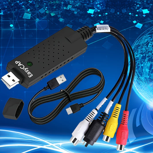 VHS to digital converter USB 2.0 capture card for Mac and PC, compatible with multiple Windows versions and Android.