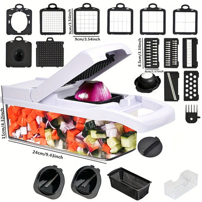 '- Kitchen Set includes 1 Vegetable Chopper, 22in1/15in1 Slicer, Manual Food Grater, and Onion Mincer Cutter
- Multifunctional design for slicing fruits and vegetables easily
- Convenient container for collecting sliced vegetables
- Household essential