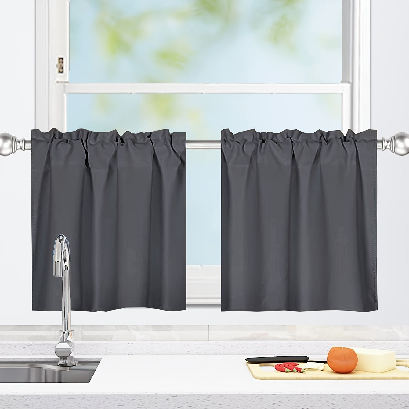 Black Short Rod Pocket Curtain Blackout Curtain for Bedroom, Kitchen, and Home Windows Decor