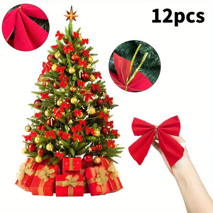 12-Pack of classic red Christmas tree bows, festive plastic and fabric holiday decor, no electricity or batteries required, featherless universal tree topper.