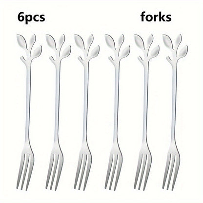 Leaf-shaped dessert spoons and forks in 24-pack, 12-pack, and 6-pack sizes for home and commercial use. Ideal for stirring, couple gifts, birthdays, parties, cakes, salads, and dinner gatherings. Trendy and stylish design.