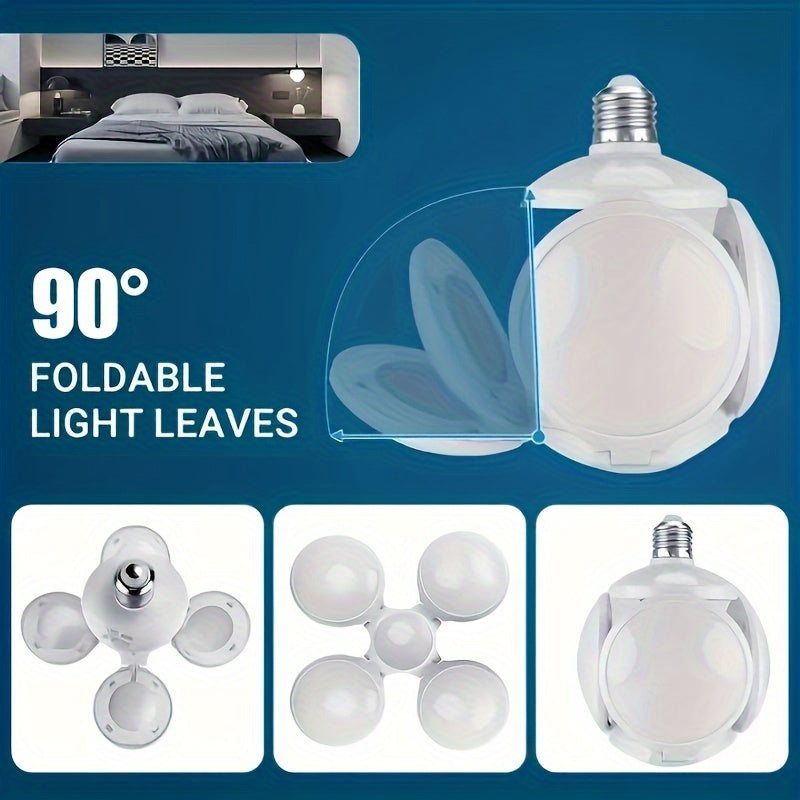 Flexible LED light bulb with fan blade design, suitable for home and garage decor.