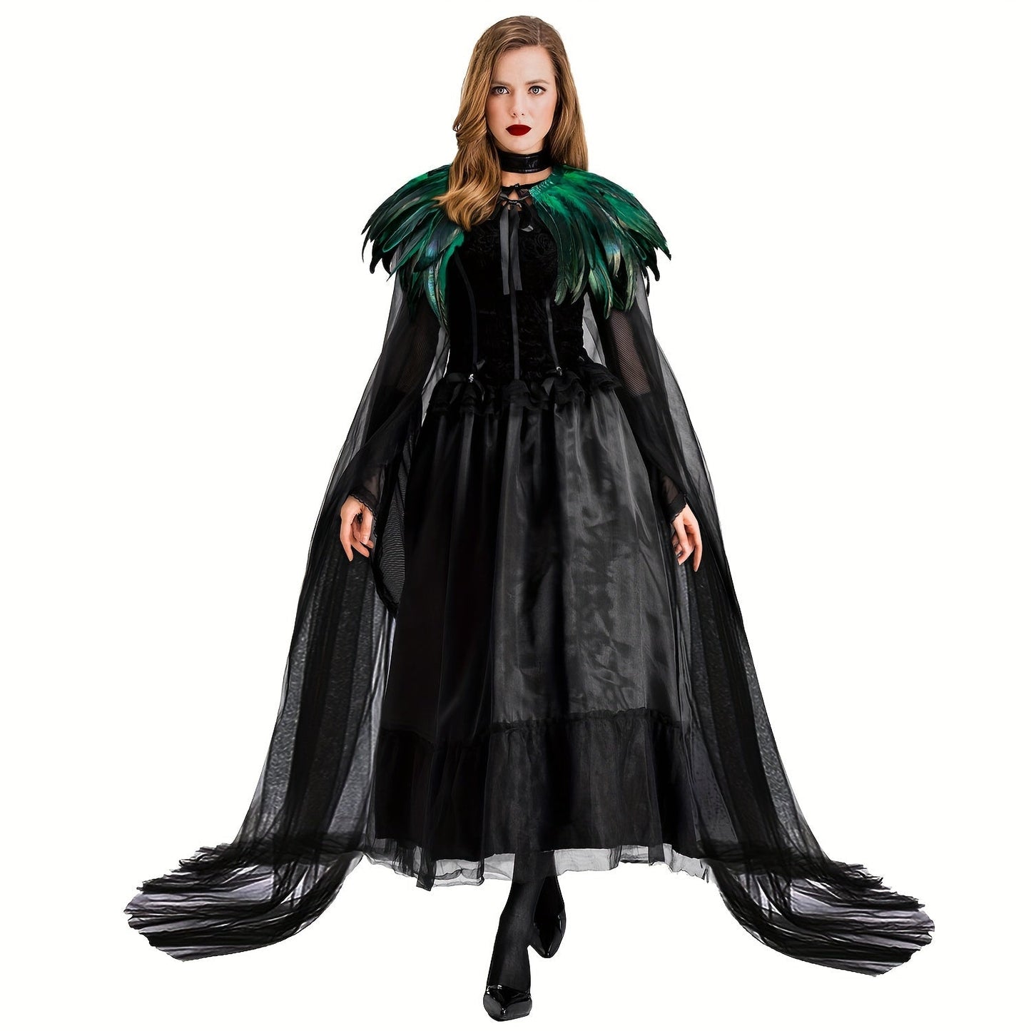 L'VOW Evil Queen Witch Costume - Perfect for Halloween Cosplay. Includes Feathered Cape, Long Robe & Shawl. Stand out in this Funky Polyester Masquerade Outfit from L'VOW.