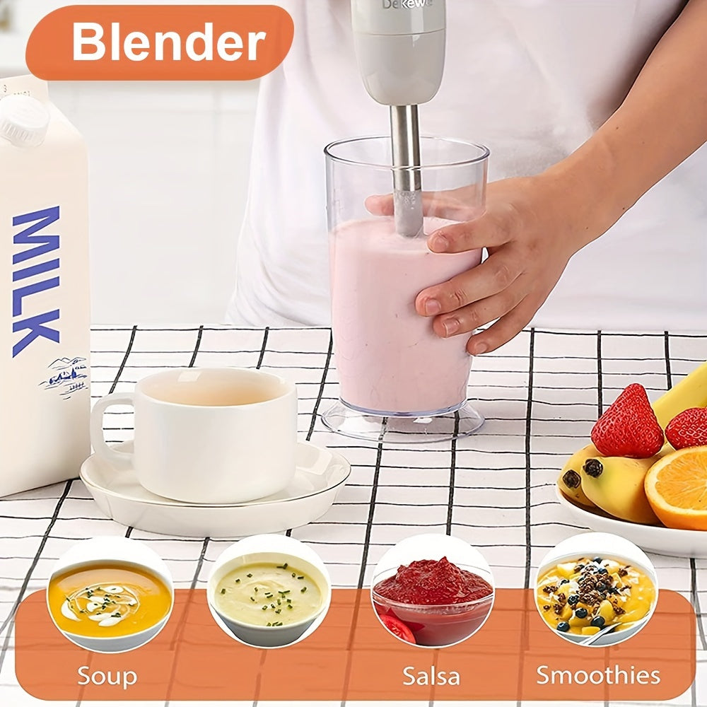 Set of 3 includes a hand blender with electric whisk and milk frother, a puree stick with stainless steel mixing base, and a stainless steel puree stick with 12 adjustable speeds.