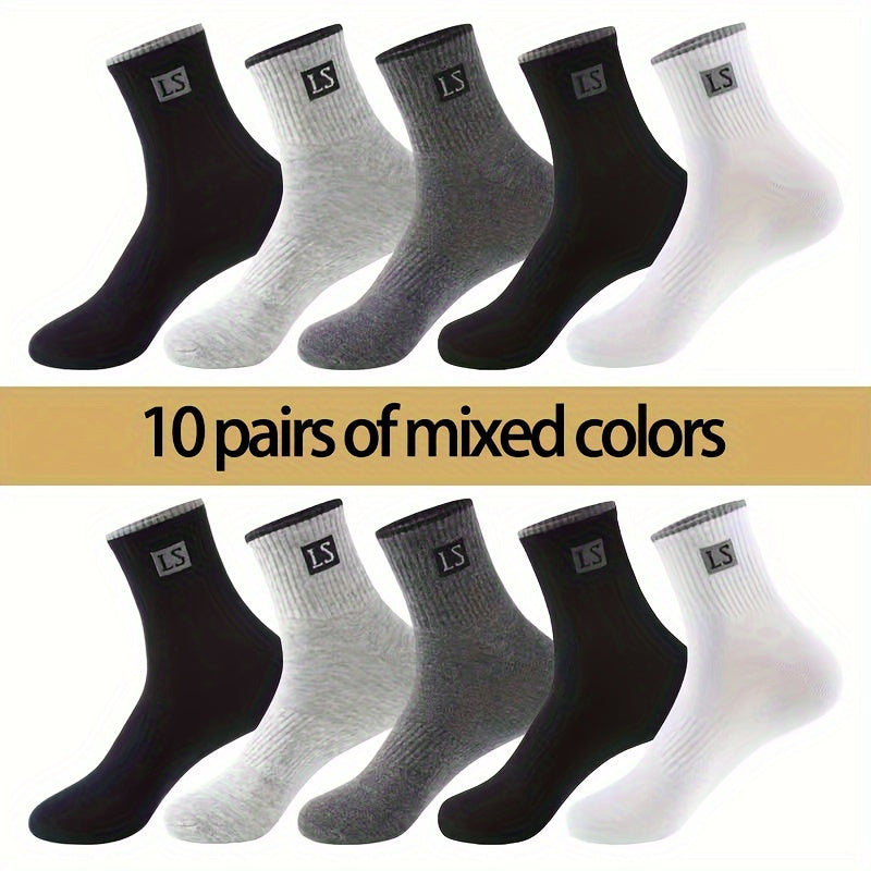 10 pairs of men's trendy solid crew socks, perfect for outdoor wearing in all seasons.