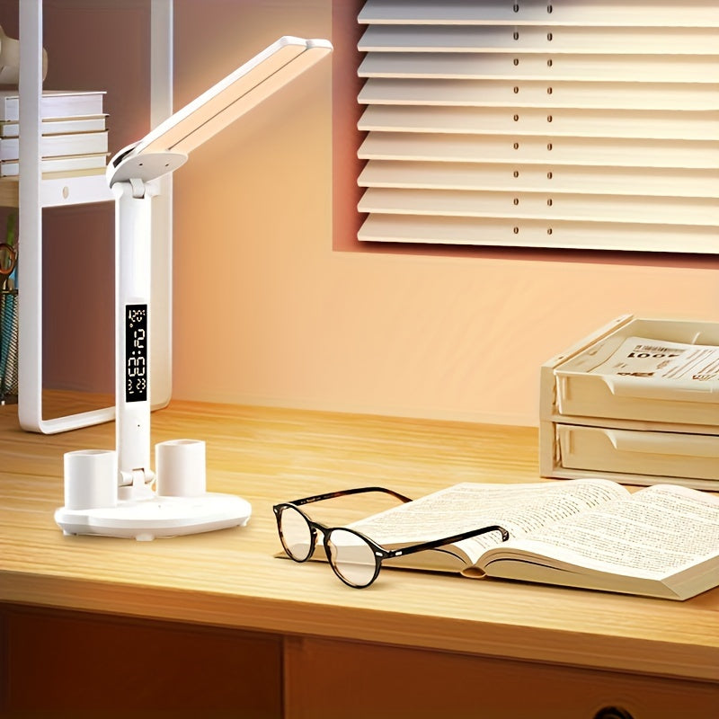 LED desk lamp with eye protection, foldable design, time display, and various functions for use in student dormitories, bedrooms, and workspaces.