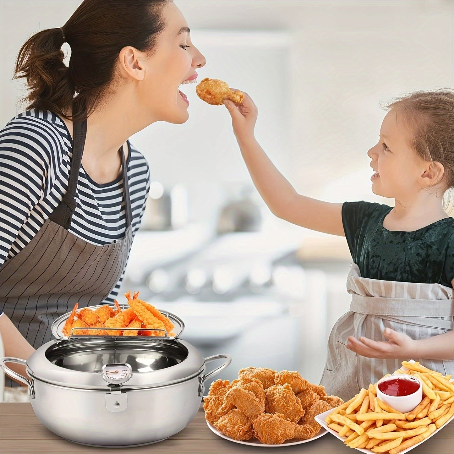 Deep fry your favorite delicacies with ease using this stainless steel pot. Featuring a large capacity of 2.2L and a temperature display, this pot is ideal for frying chicken, fries, and more. It is compatible with gas stoves, induction cookers, and