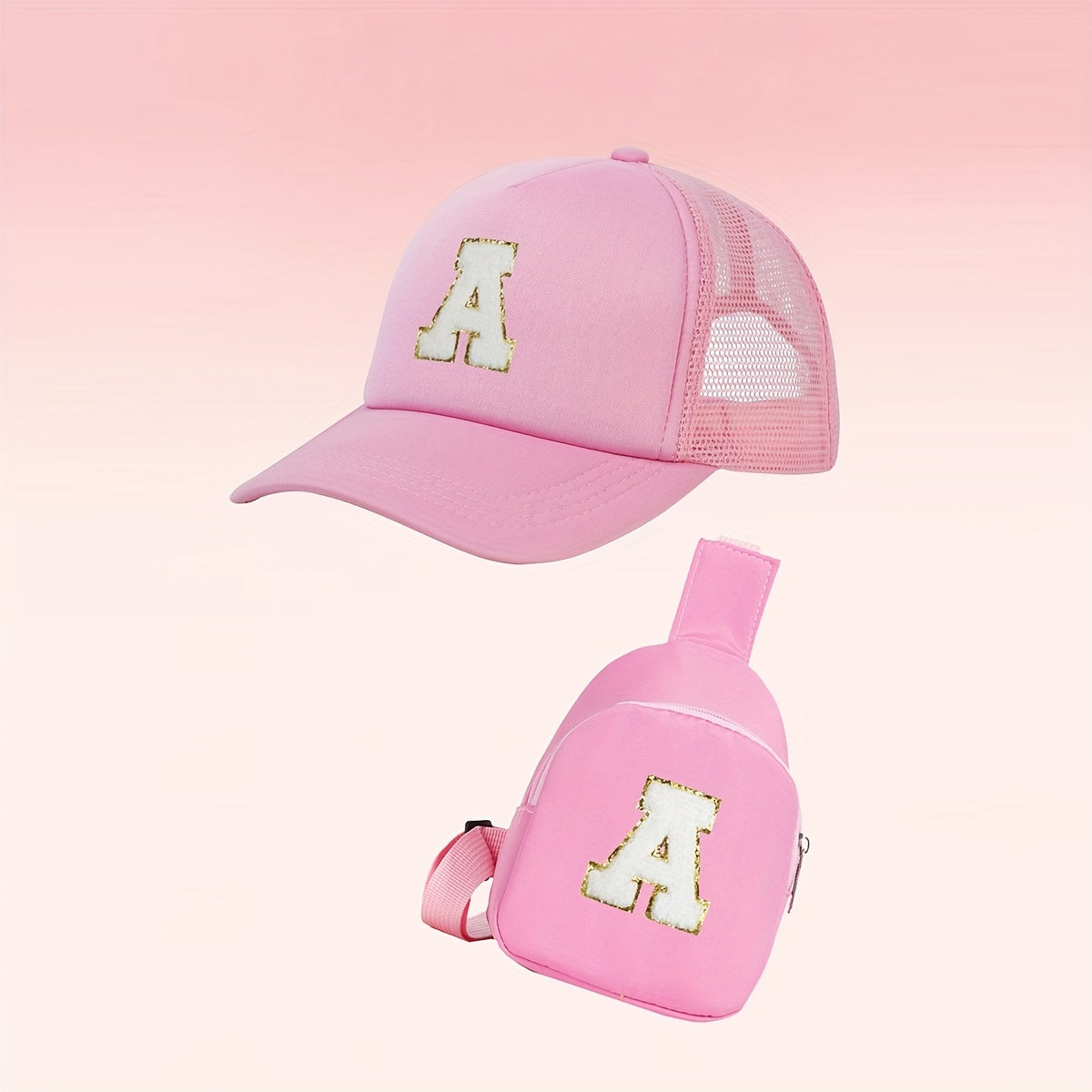 Alphabet-themed 2-piece set for girls includes a polyester baseball cap and bag, suitable for ages 3-14. Features a fitted, breathable design ideal for daily wear and special occasions