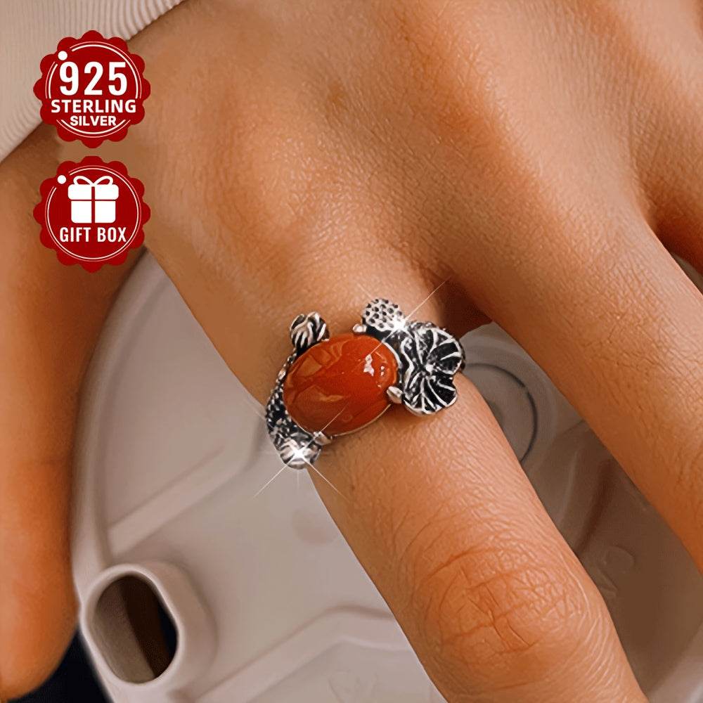 Classic 925 Sterling Silver Ring with Red Agate Stone - Featuring Lotus Leaf Design, Ideal for Both Formal Events and Everyday Wear, Matte Finish, Single Piece, Lightweight 4.6g