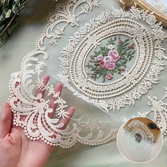 Vintage-inspired French lace doily handcrafted with embroidered floral design, perfect for dining decor and tea parties, suitable for ages 14+. Made of nylon.