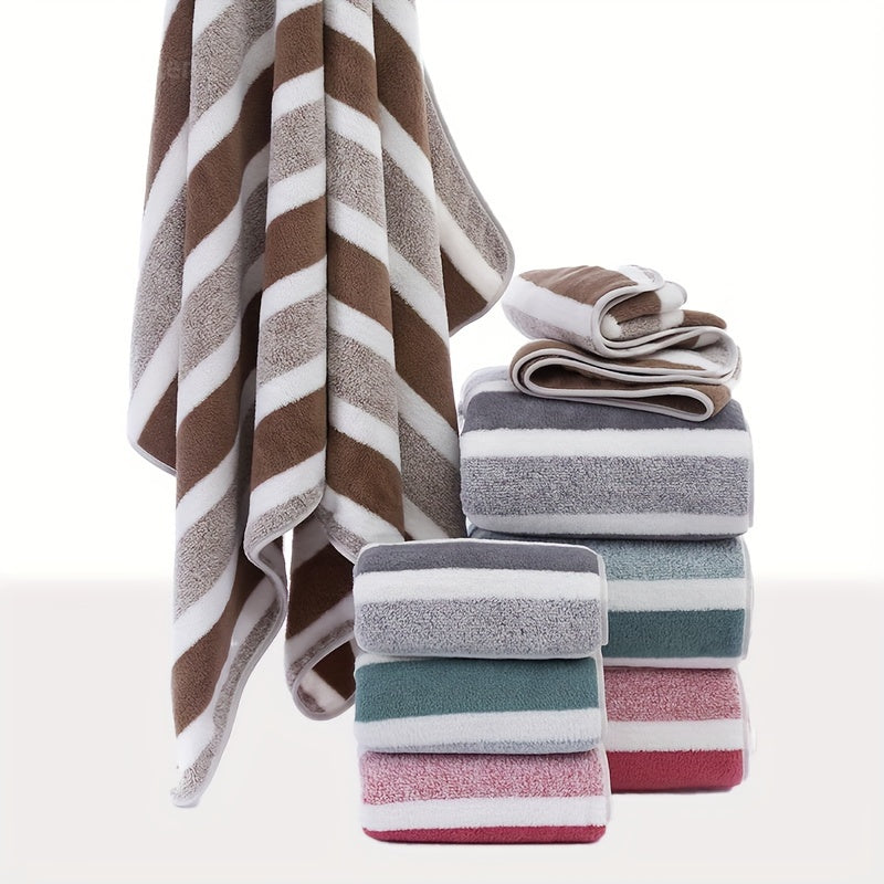 Set of 8 Striped Coral Velvet Towels including 2 Bath Towels, 2 Hand Towels, and 4 Washcloths. These soft, absorbent, and quick-drying towels are perfect for your household and also make great bathroom accessories or holiday gifts.