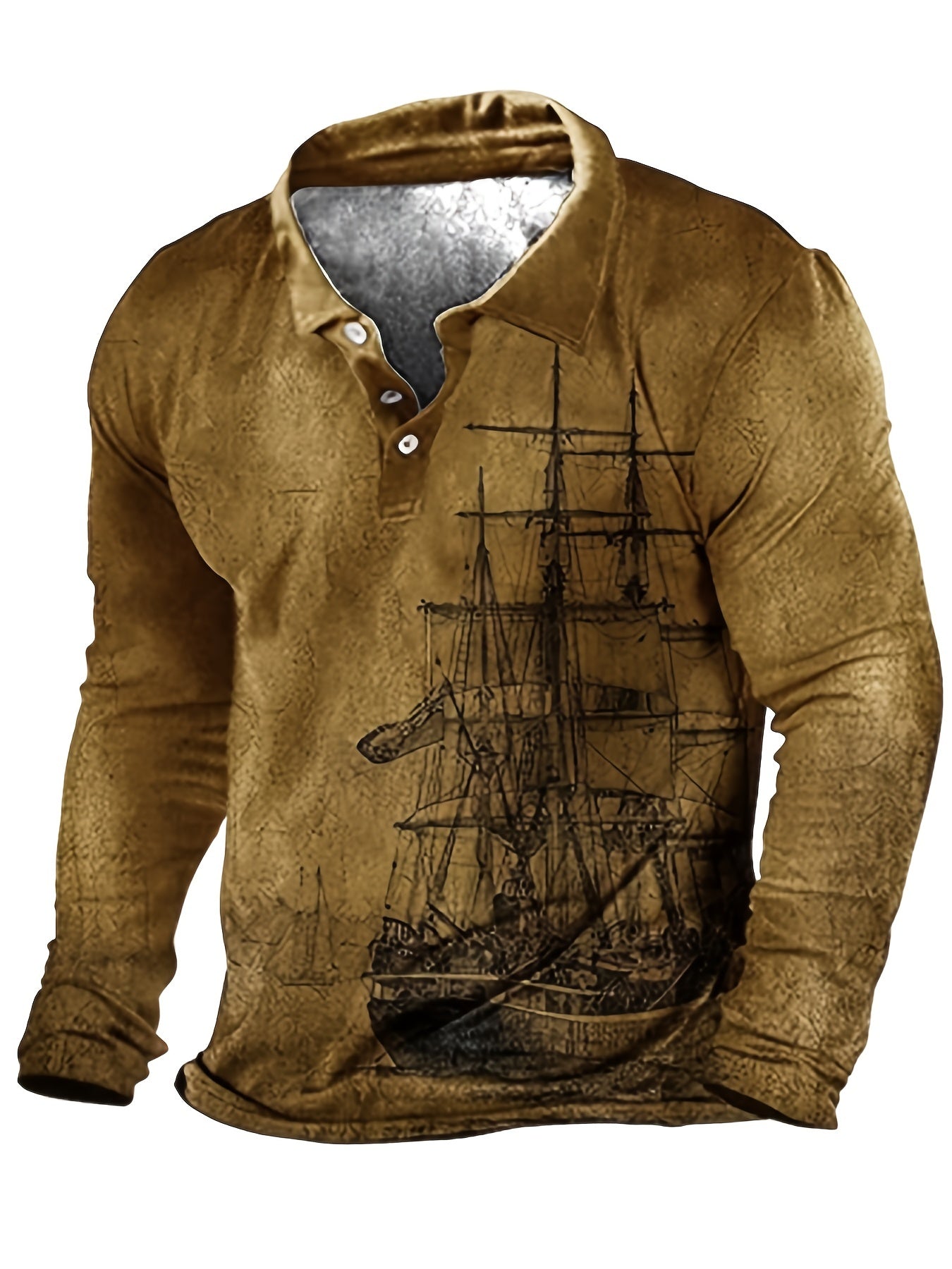 Oversized men's sailboat print shirt for spring/autumn, long sleeve golf shirt, plus size men's clothing