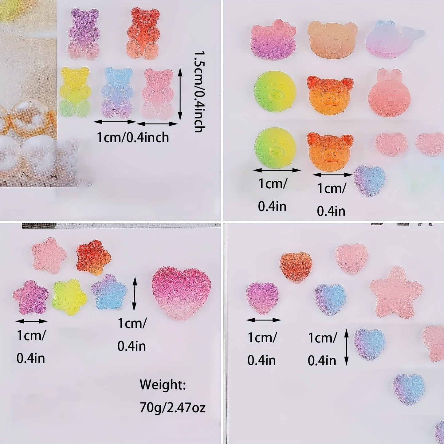 Get 120 pieces of adorable Slime Charms featuring Kawaii Candy designs, 3D Nail Charms, and Mini Flatback Beads in the shape of Gummy Bears. Perfect for creating your own unique resin jewelry, cell phone decorations, scrapbooking embellishments, and DIY