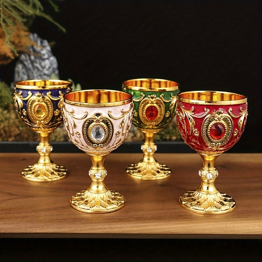 Two 30ML chalice goblets and an embossed diamond-encrusted metal shot glass for red or white wine, perfect for parties, weddings, and anniversaries.