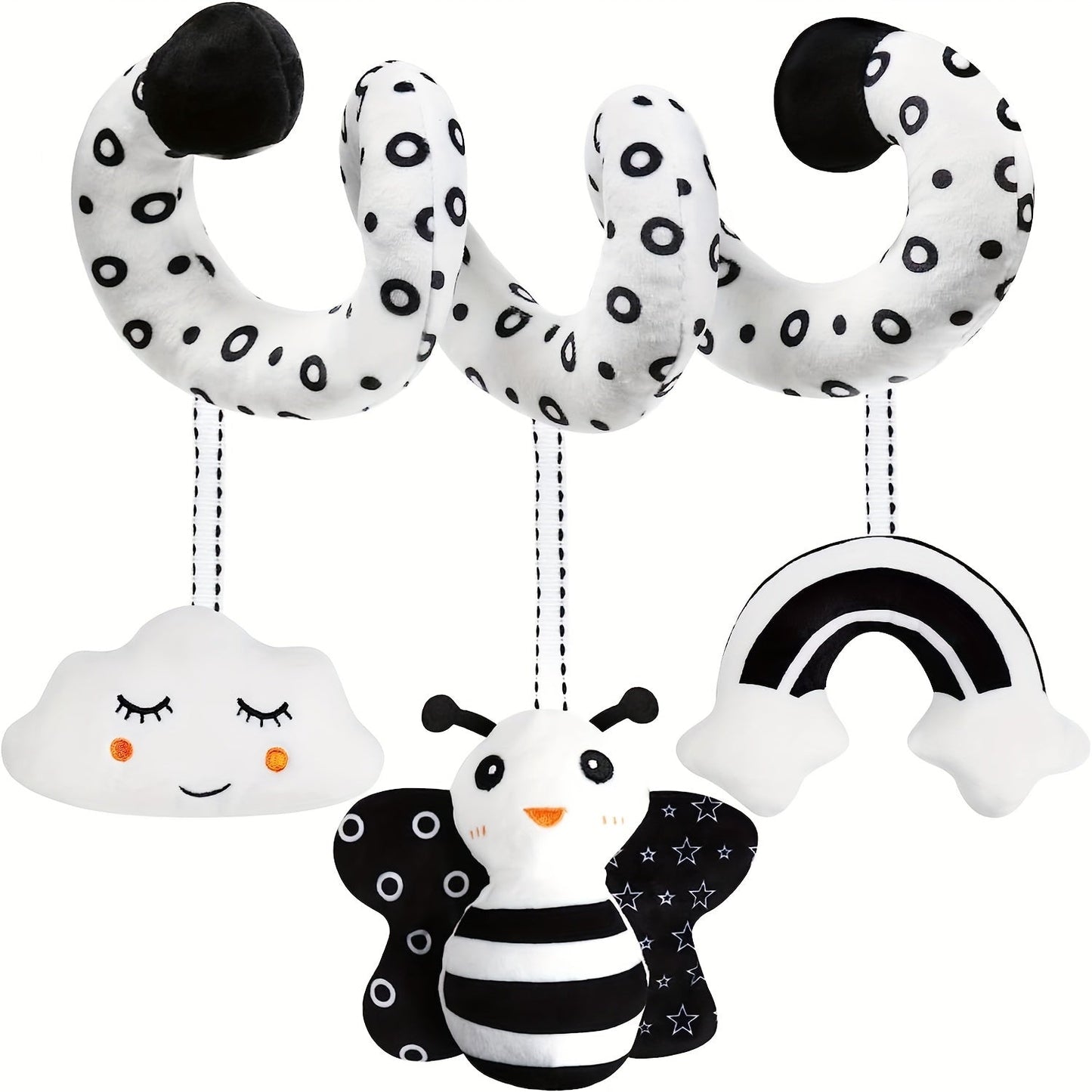 Newborn plush activity toy for bed, bassinet, crib, or baby carrier. This black and white high contrast spiral hanging stroller and car seat toy is perfect for stimulating your baby's developing senses. Great as a gift for new parents.