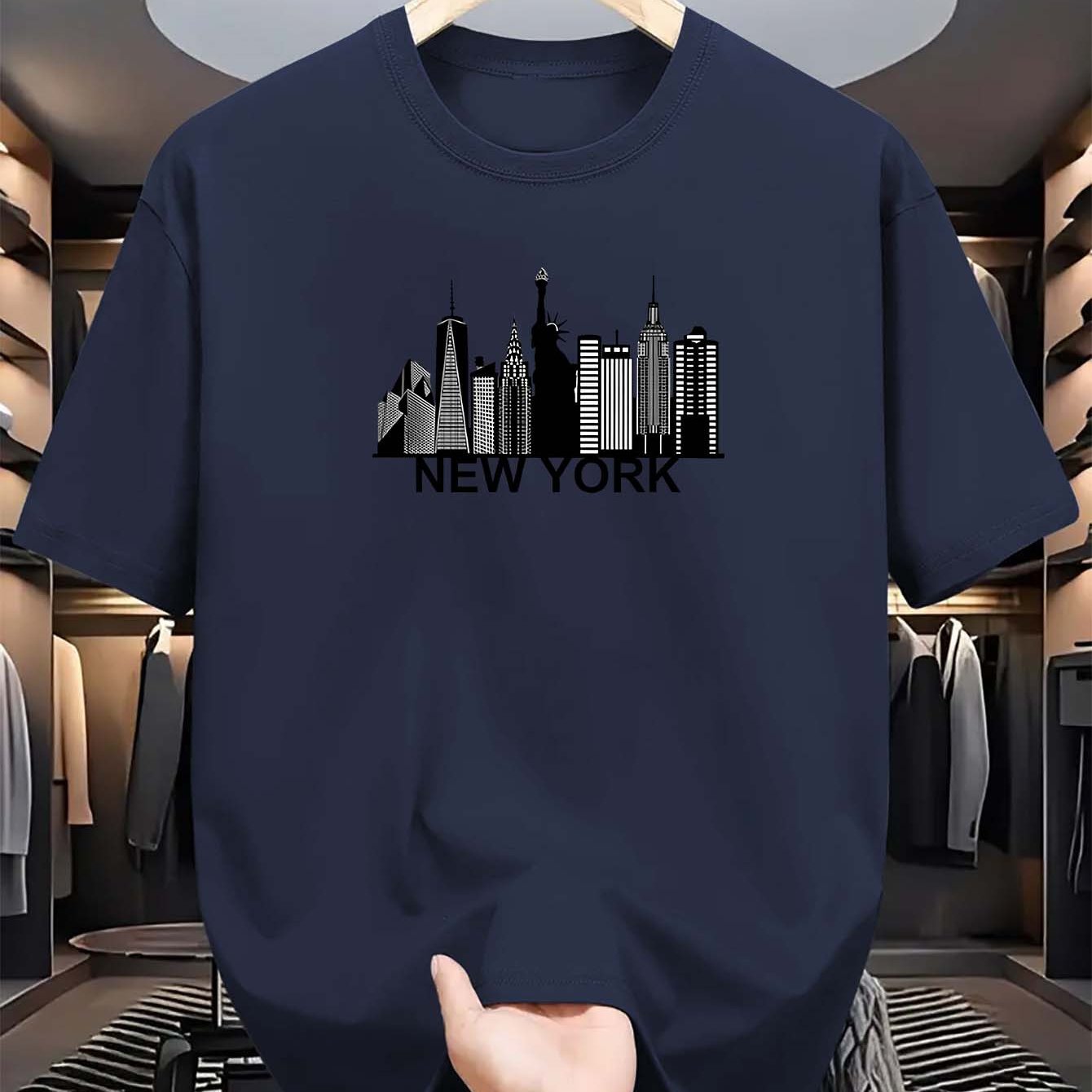 Men's light blue New York City skyline graphic t-shirt for everyday comfort. Casual polyester tee with short sleeves, round neck, and machine washable. Summer fashion essential.