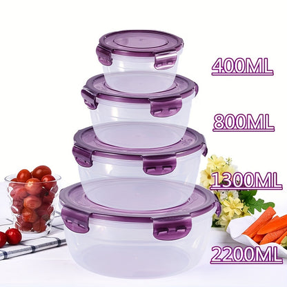 Set of 4 round plastic bowls with lids - microwave & outdoor safe, rust-proof, ideal for camping and refrigerator organization. Bento box design for sealed storage.