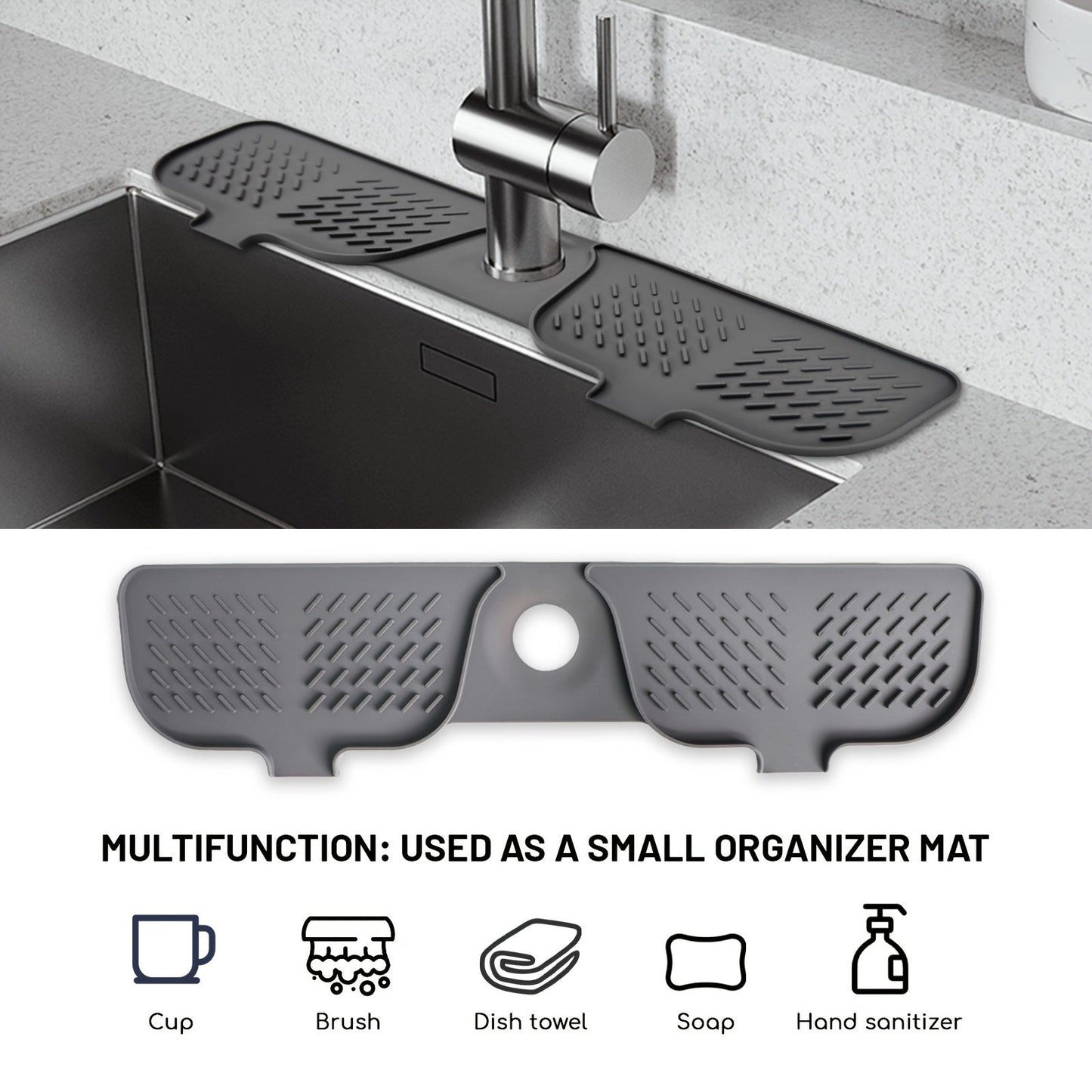 Silicone sink accessories including a splash pad, faucet pad, drain pad, and handle drip tray, ideal for kitchen and bathroom use