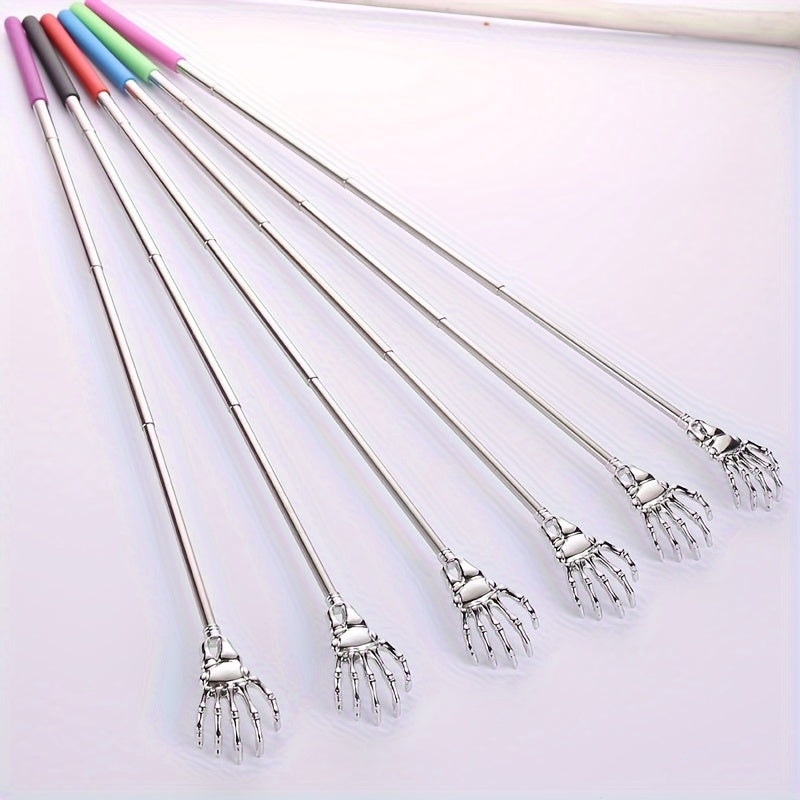 Telescopic stainless steel back scratcher for adults and elderly.