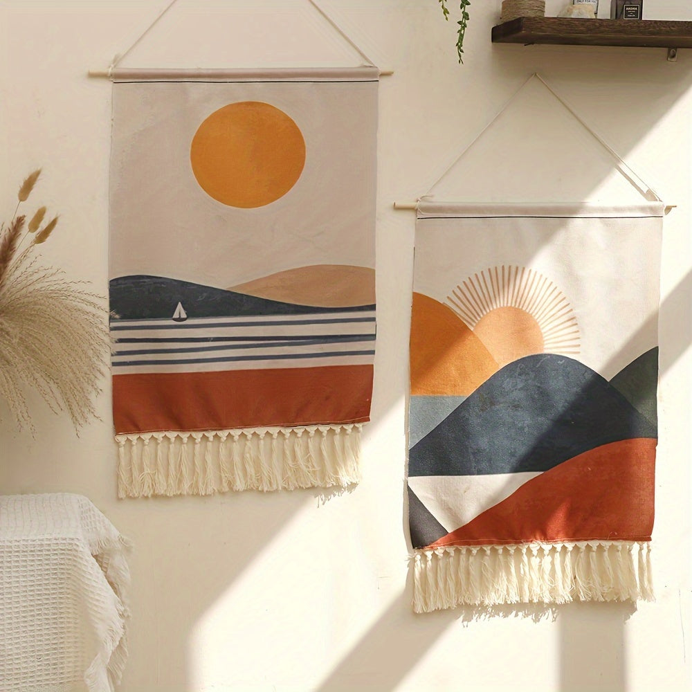 This linen wall tapestry features a fringe border and a bohemian sun and sailboat design, perfect for adding artistic flair to your living room or bedroom decor. Suitable for ages 14 and up.