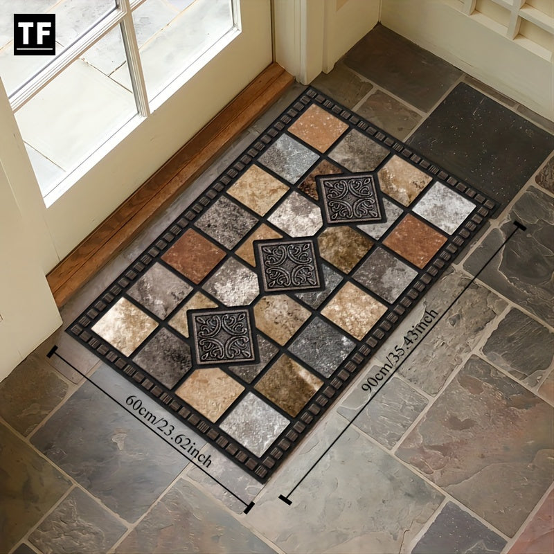 Antique Geometric Stone Tile Carpet - Crystal Velvet Print Material - Machine Washable and Easy to Clean - Non-slip Fashionable Floor Mat and Area Rug for Living Room, Bedroom, Kitchen, Laundry Room, and Home Office - Perfect Christmas Gift