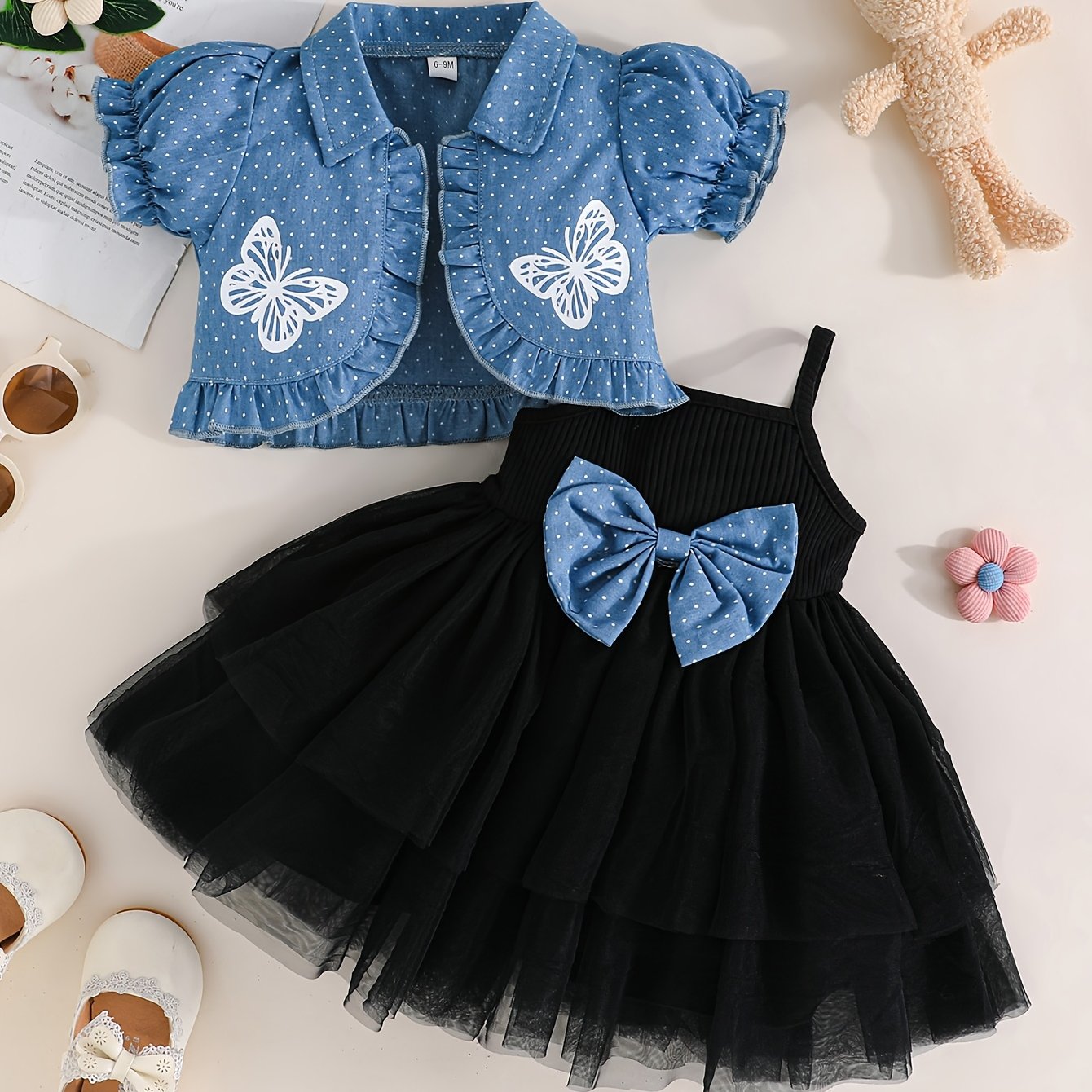 Spring/Summer baby girl tutu dress set includes butterfly print cardigan. Made of casual polyester mesh tulle skirt with bow detail and slight stretch blend top. Woven regular fit outfit