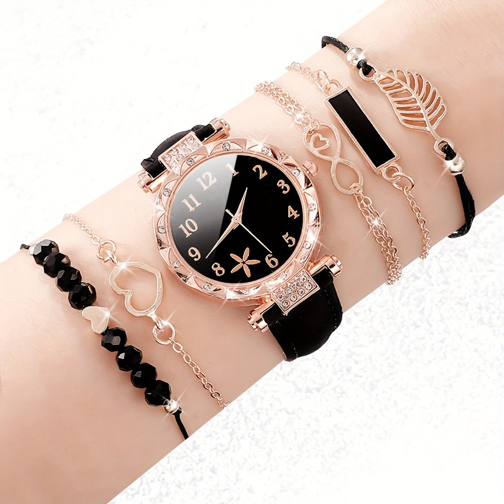 6pcs Elegant Ladies' Fashion Watch and Bracelet Set with Quartz Movement, PU Leather Strap, Zinc Alloy Case - Ideal for Daily Wear, Parties, and Special Occasion Gifts.