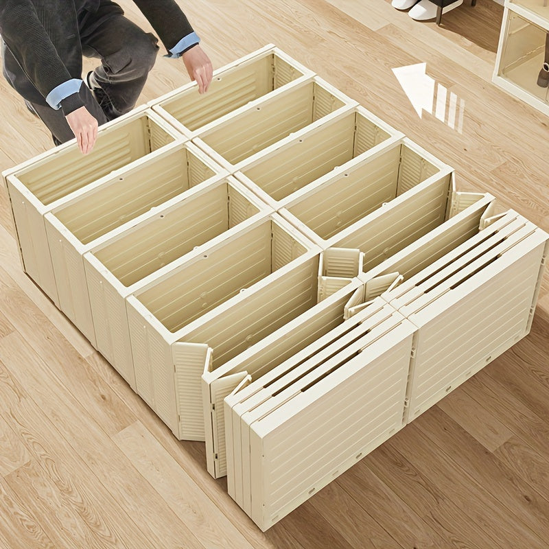 Foldable shoe storage organizer box with lid, wheels, and stackable design. Can be used as a stash rack, closet bin, container cabinet, or shelf. Perfect for dorm rooms, home essentials, under bed storage, entryways, and garage organization.