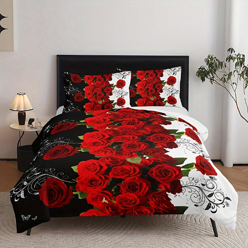 Transform your bedroom with this romantic red rose print bedding set, including 3 pieces - 1 duvet cover and 2 pillowcases. Made of soft and comfortable material, perfect for your bedroom or guest room. Core not included.