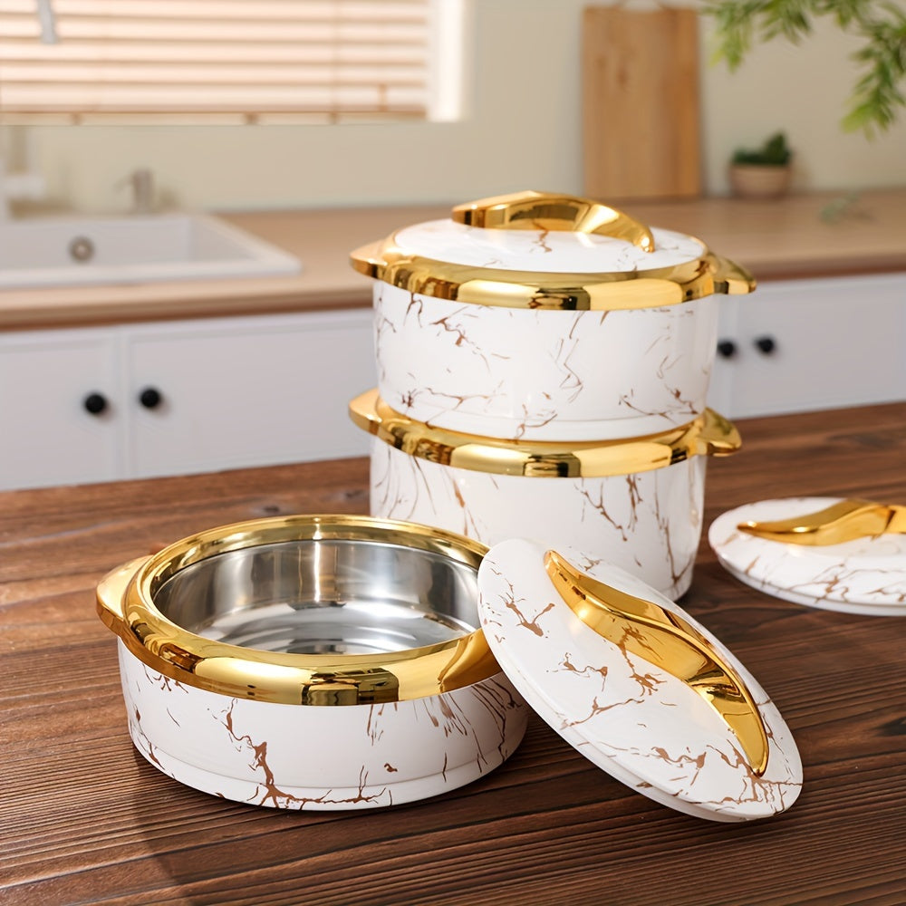 Golden Touch Food Warmer Set with 3 insulated stainless steel containers in various sizes, designed in white and golden marble. Keeps food hot for 6 hours and cold for 4 hours, perfect for