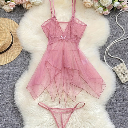 Stylish sheer slip dress with lace detail - ruffle-trimmed sleepwear set for women with matching thong, made from breathable polyester blend.