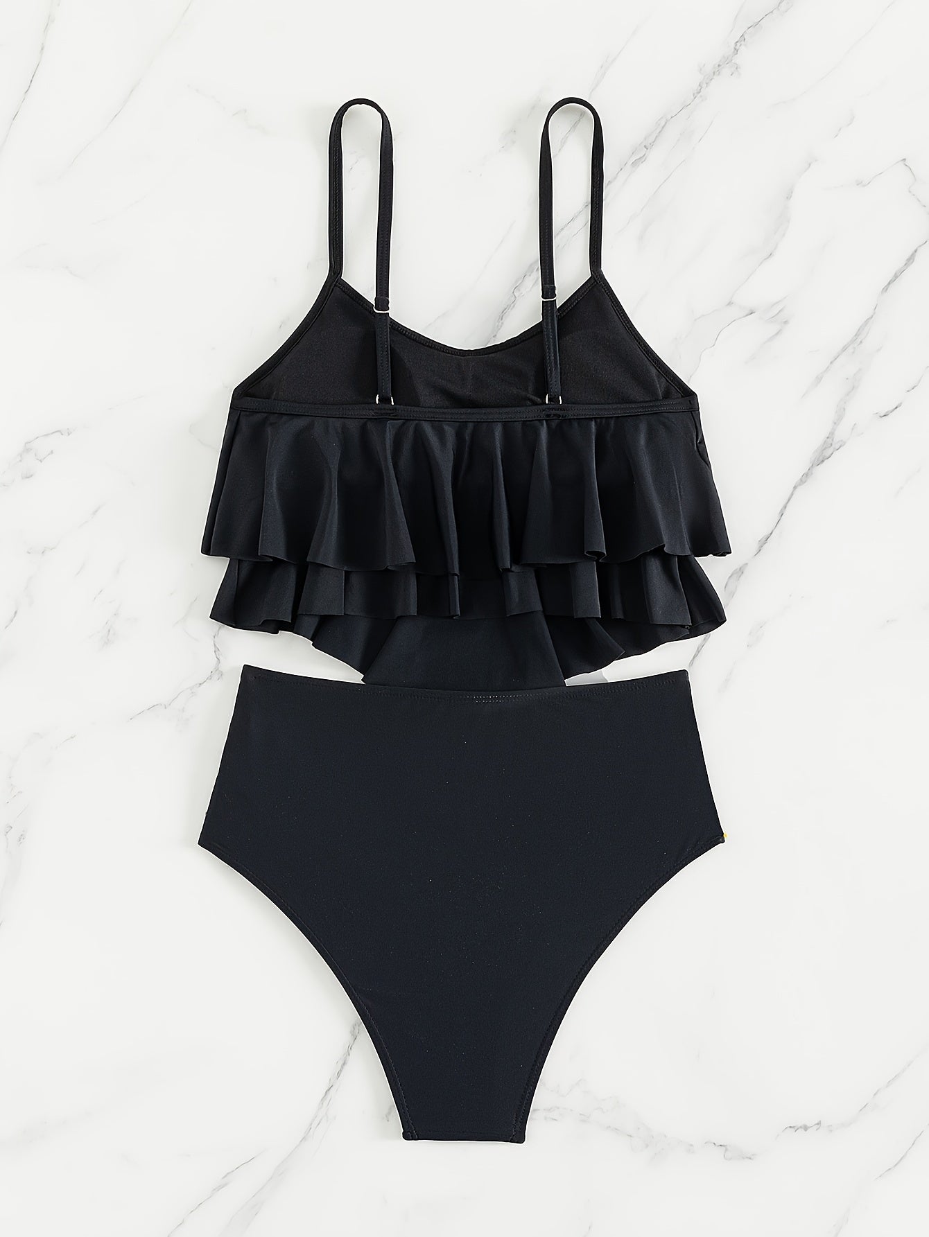 Layered ruffle black 2-piece tankini set with stretchy high-waist bottoms. Perfect for women's swimwear and clothing.