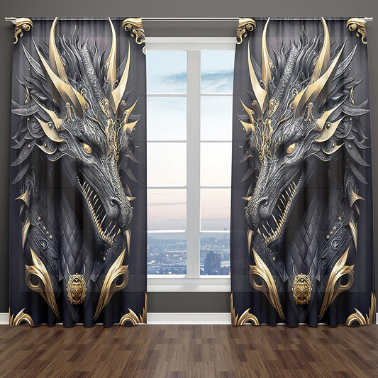 Vintage Dragon Totem 3D Printed Curtain Set - Includes 2 Panels in Black and Golden, Made of Polyester Twill Weave Material, Semi-Sheer with Rod Pocket Design. Easy to Care for - Machine Washable and Fade Resistant. Perfect Decorative Touch with Animal