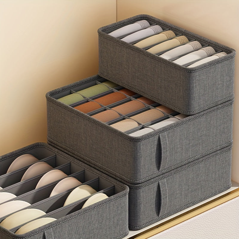 Foldable storage box for organizing bras, socks, and underwear in drawers. Washable closet organizer.