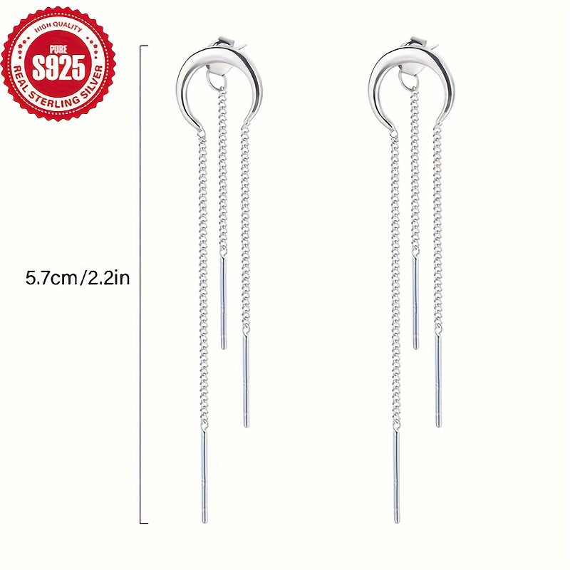 These 925 silver half-circle chain tassel earrings feature a unique design that is simple and versatile. They are suitable for both daily wear and parties, making them a perfect accessory for women. With a low allergy risk and weighing only 3g, these