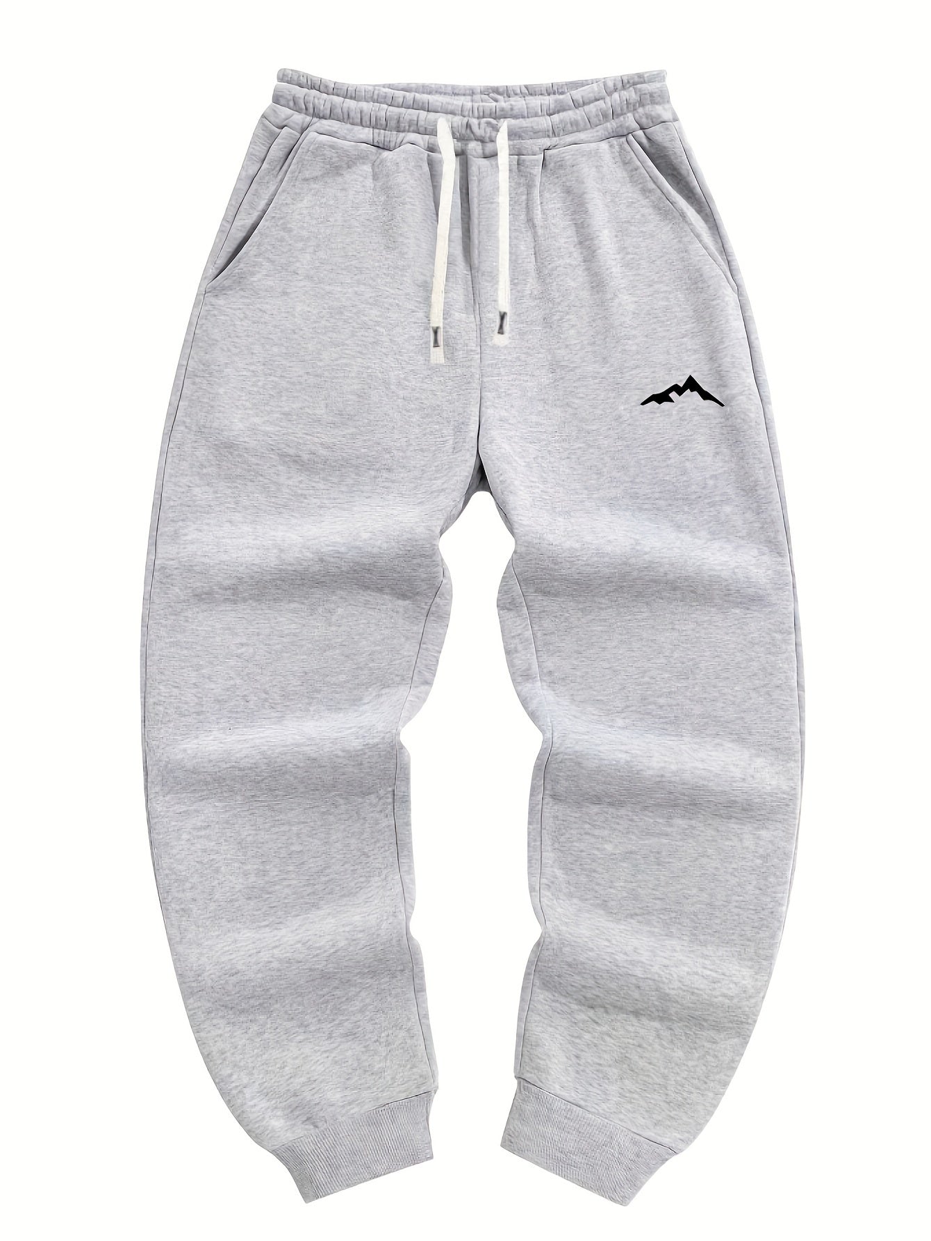 Plus size men's fleece-lined sweatpants with stylish mountain print, drawstring waist, and machine washable polyester for fall/winter. Casual and stylish joggers.