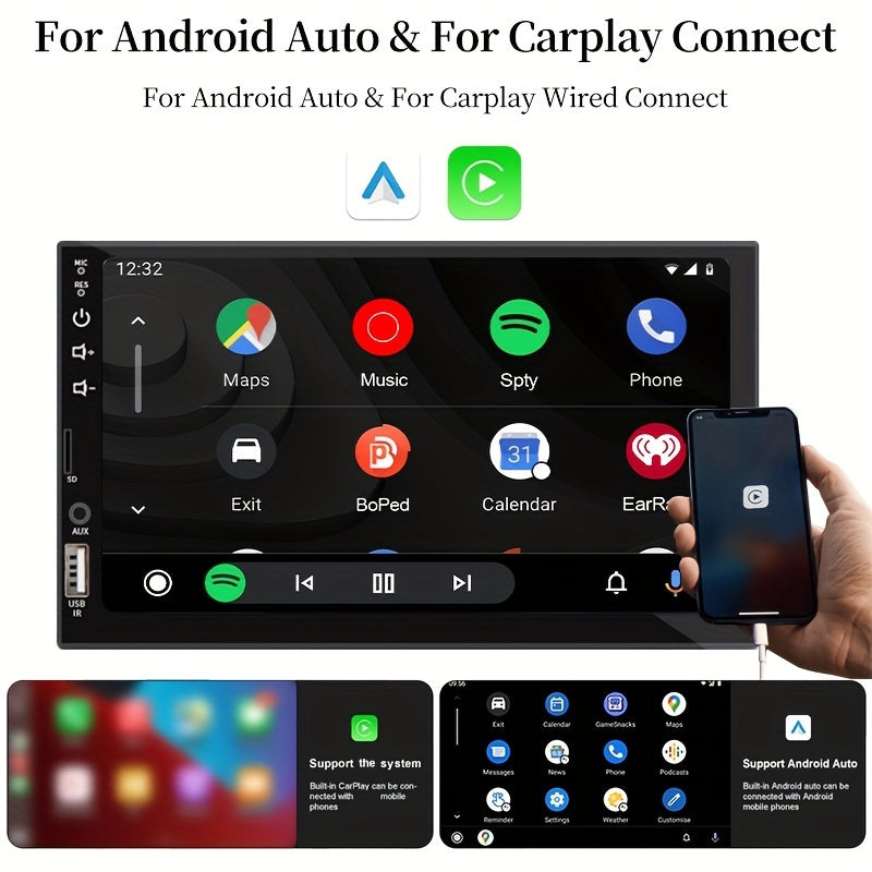 Universal car audio receiver with 7-inch touch screen, GPS navigation, wireless connectivity, and stereo output. Compatible with Android Auto and CarPlay, suitable for all vehicle models.