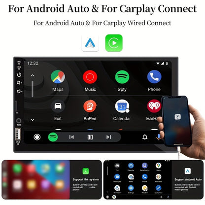 Universal car audio receiver with 7-inch touch screen, GPS navigation, wireless connectivity, and stereo output. Compatible with Android Auto and CarPlay, suitable for all vehicle models.