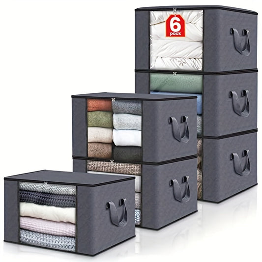 Large capacity fabric storage boxes available in sets of 6, 8, or 10. These foldable sorting organizer bins are perfect for storing beddings, clothes, pillows, and quilts. Ideal for use in the home, bedroom, dorm, or closet. Comes in a stylish grey